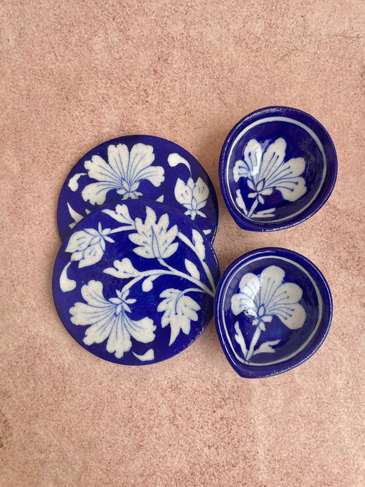 Festive Blue pottery Diyas and Coasters Gift Set