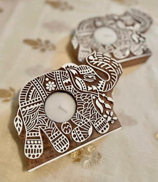 Haathi Wooden Block Tea Light Holder