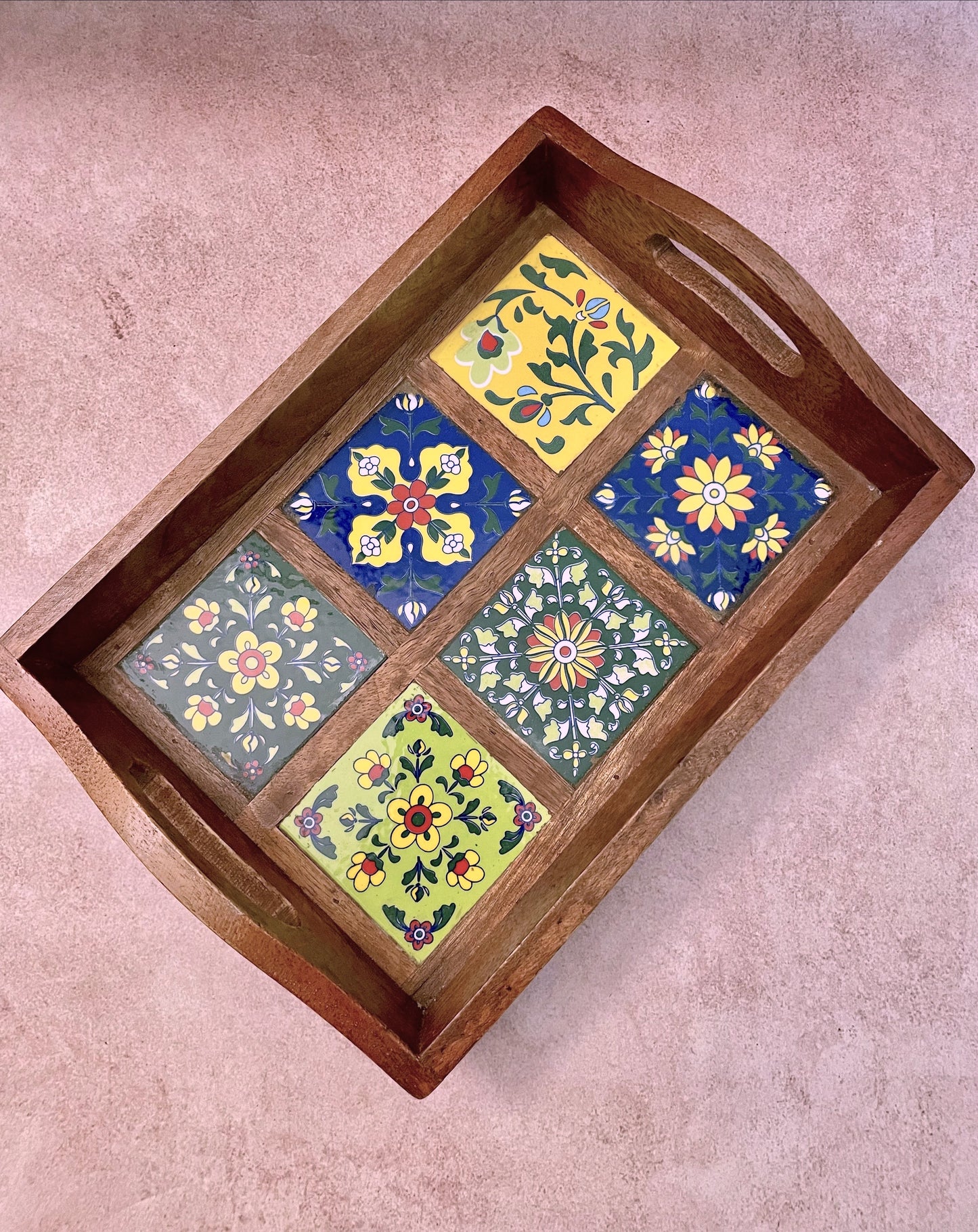 Ethnic Wooden Blue Pottery Tray