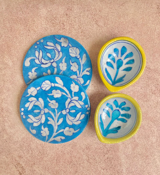 Blue pottery Diyas and Coasters Gift Set