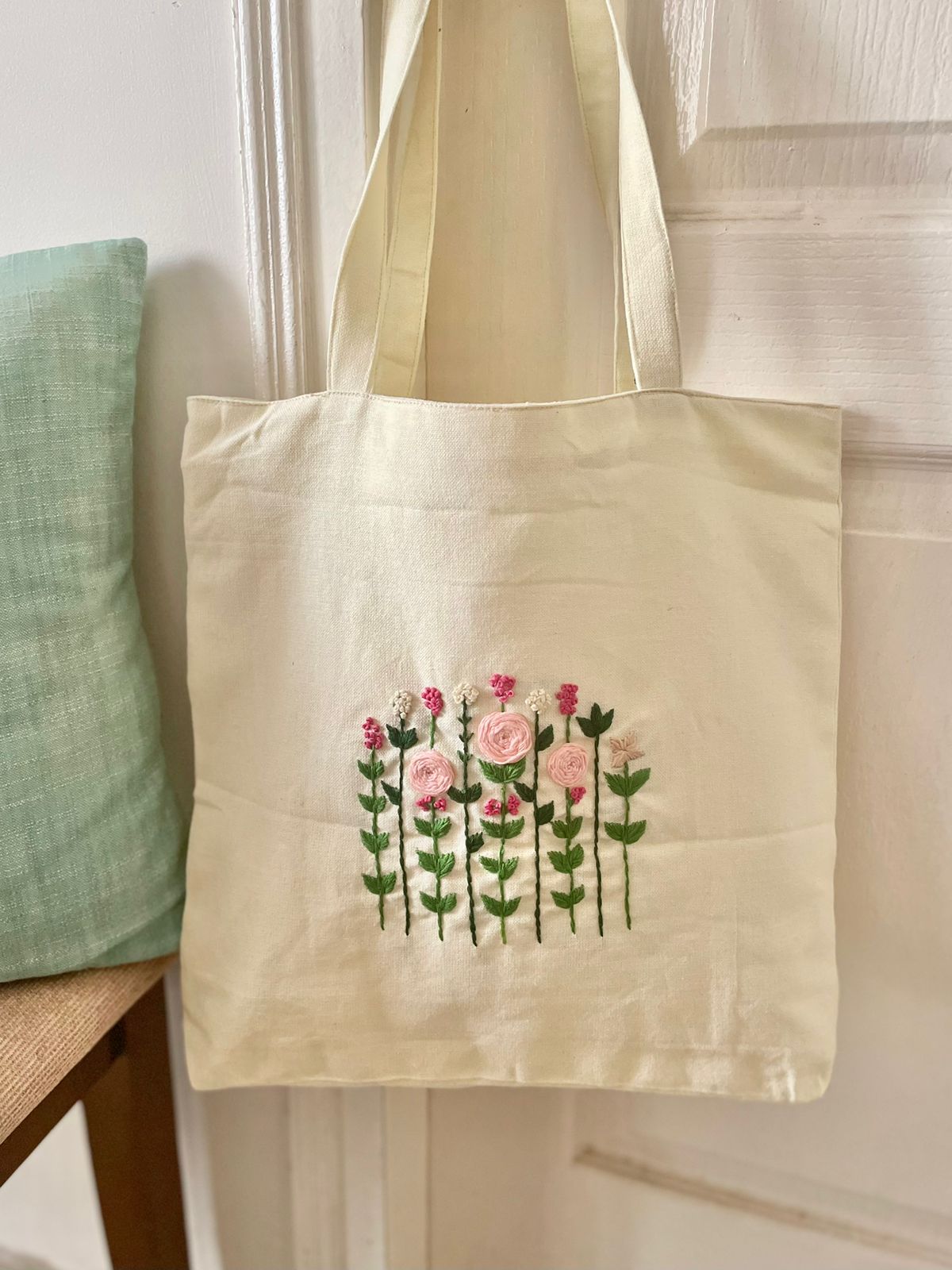 Embroidered Cream Floral Tote Bag