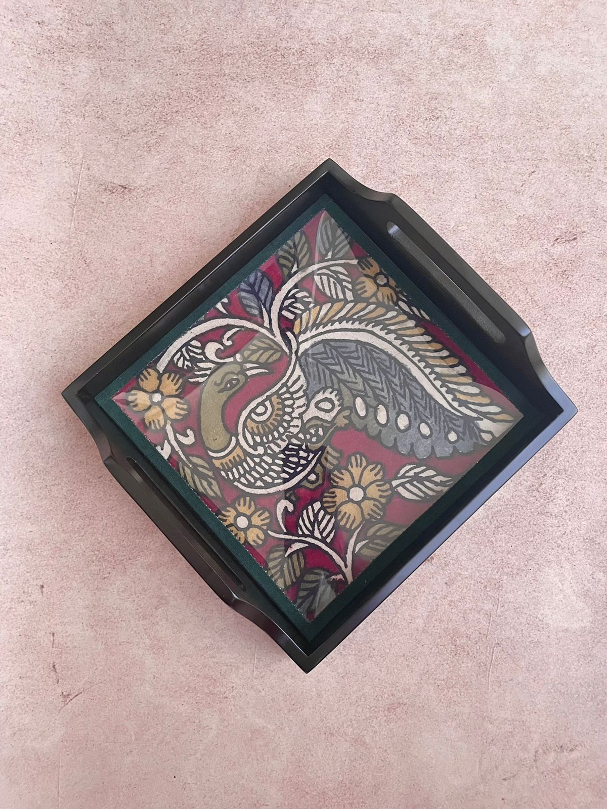 Handpainted Maroon Kalamkari Tray ( Medium )