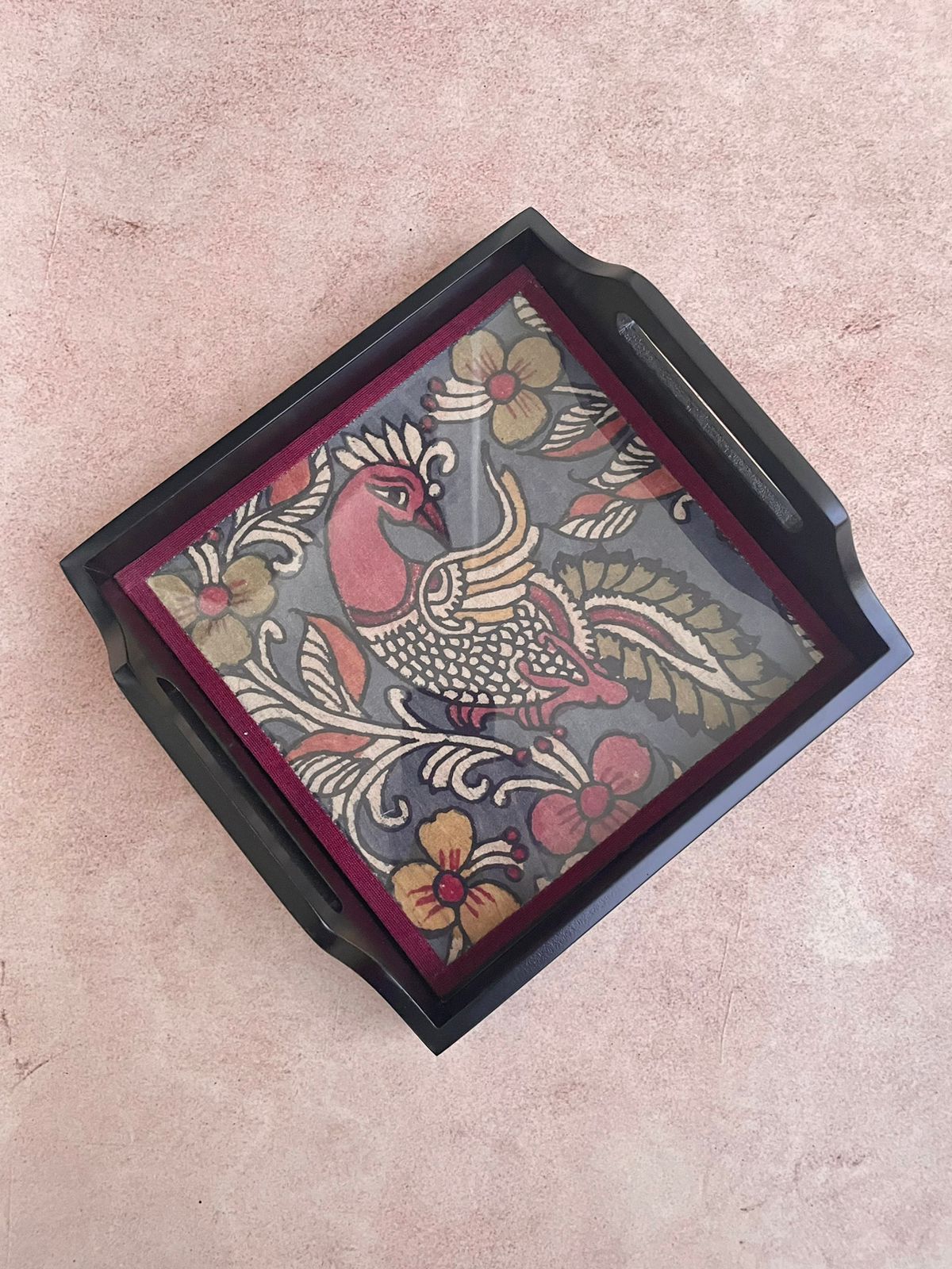 Handpainted Grey and Maroon Kalamkari Tray ( Medium )