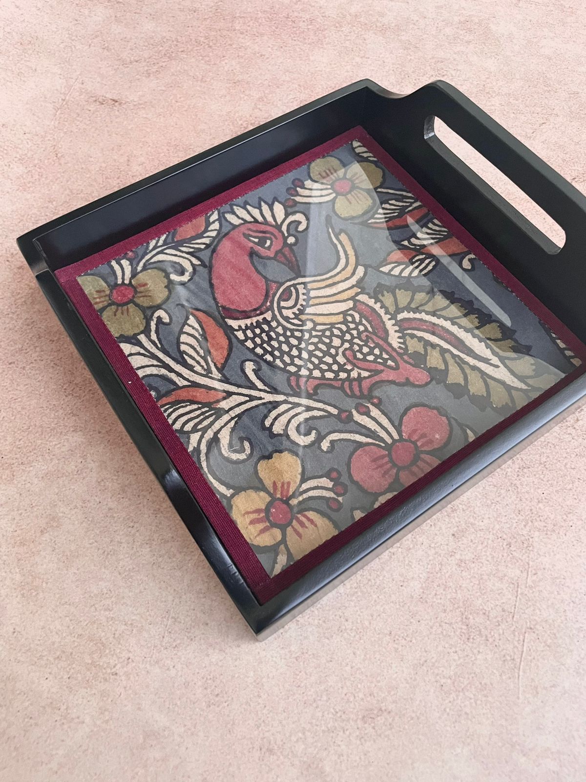 Handpainted Grey and Maroon Kalamkari Tray ( Medium )