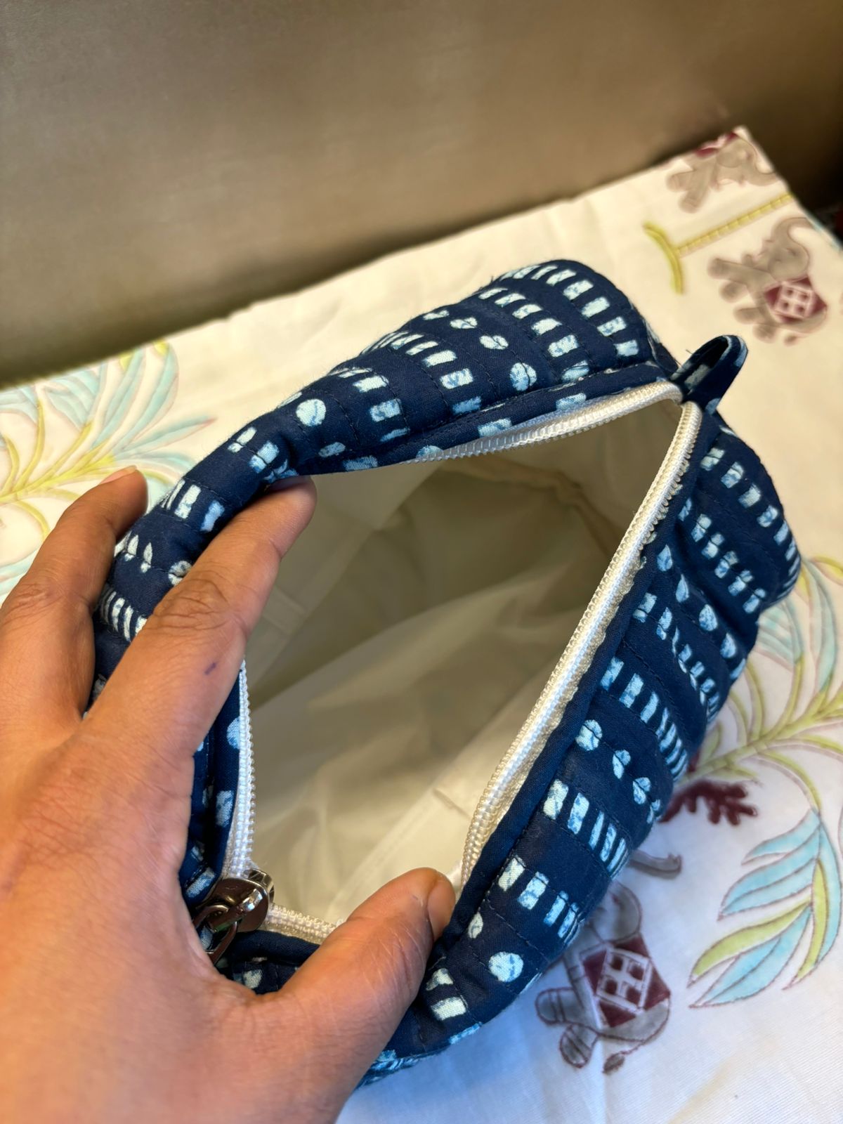 Indigo block Printed Puffy Travel Pouch