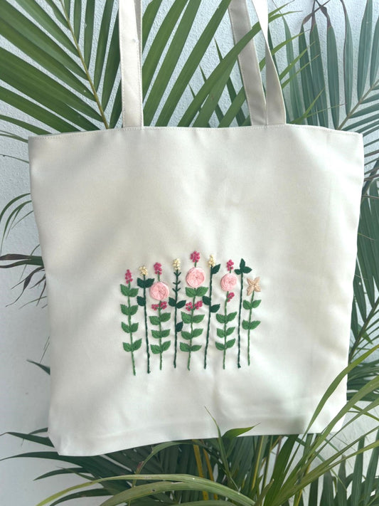Embroidered Cream Floral Tote Bag