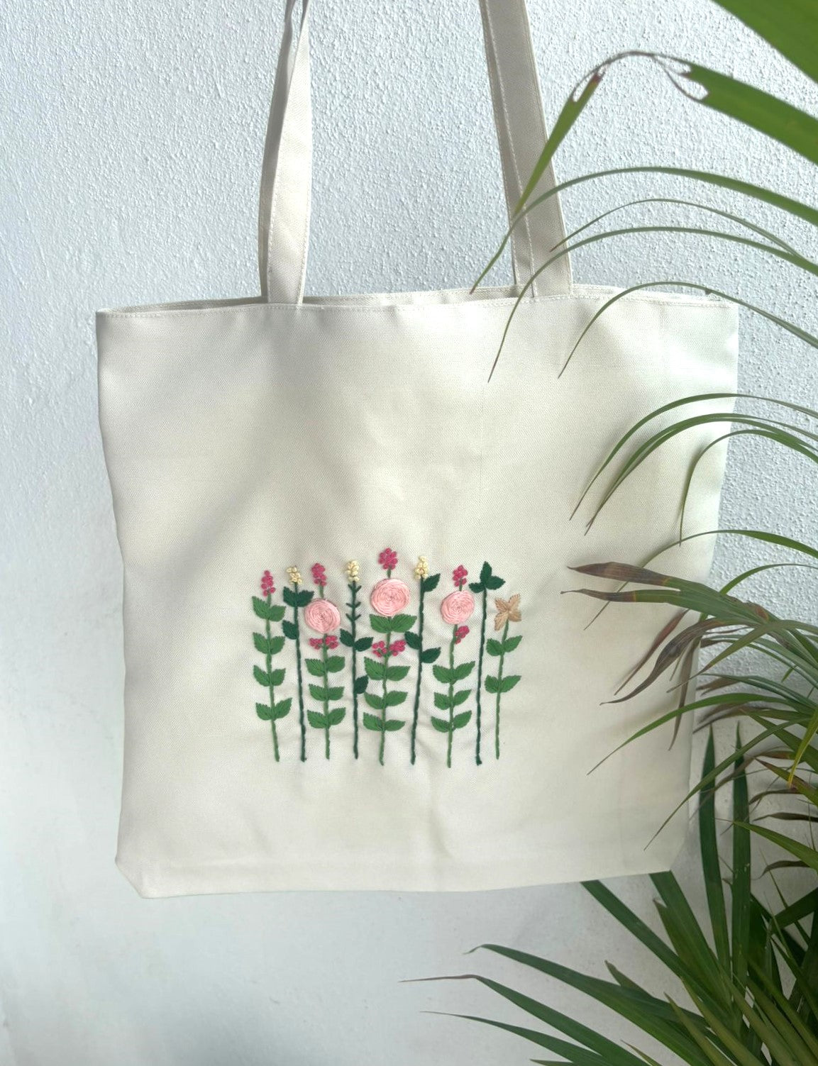 Embroidered Cream Floral Tote Bag