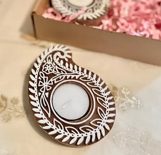 Paisley Wooden Block Tea Light Holder