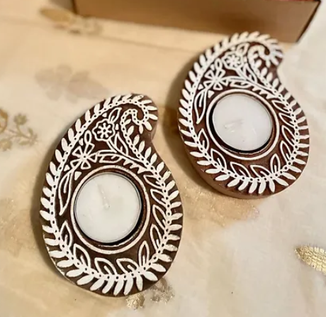 Paisley Wooden Block Tea Light Holder