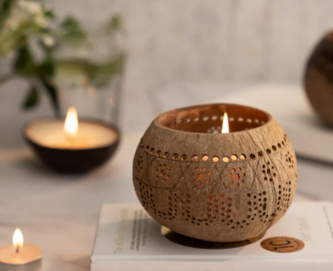 Handcarved Coconut Shell Tea Light Holder Ahavah Crafts