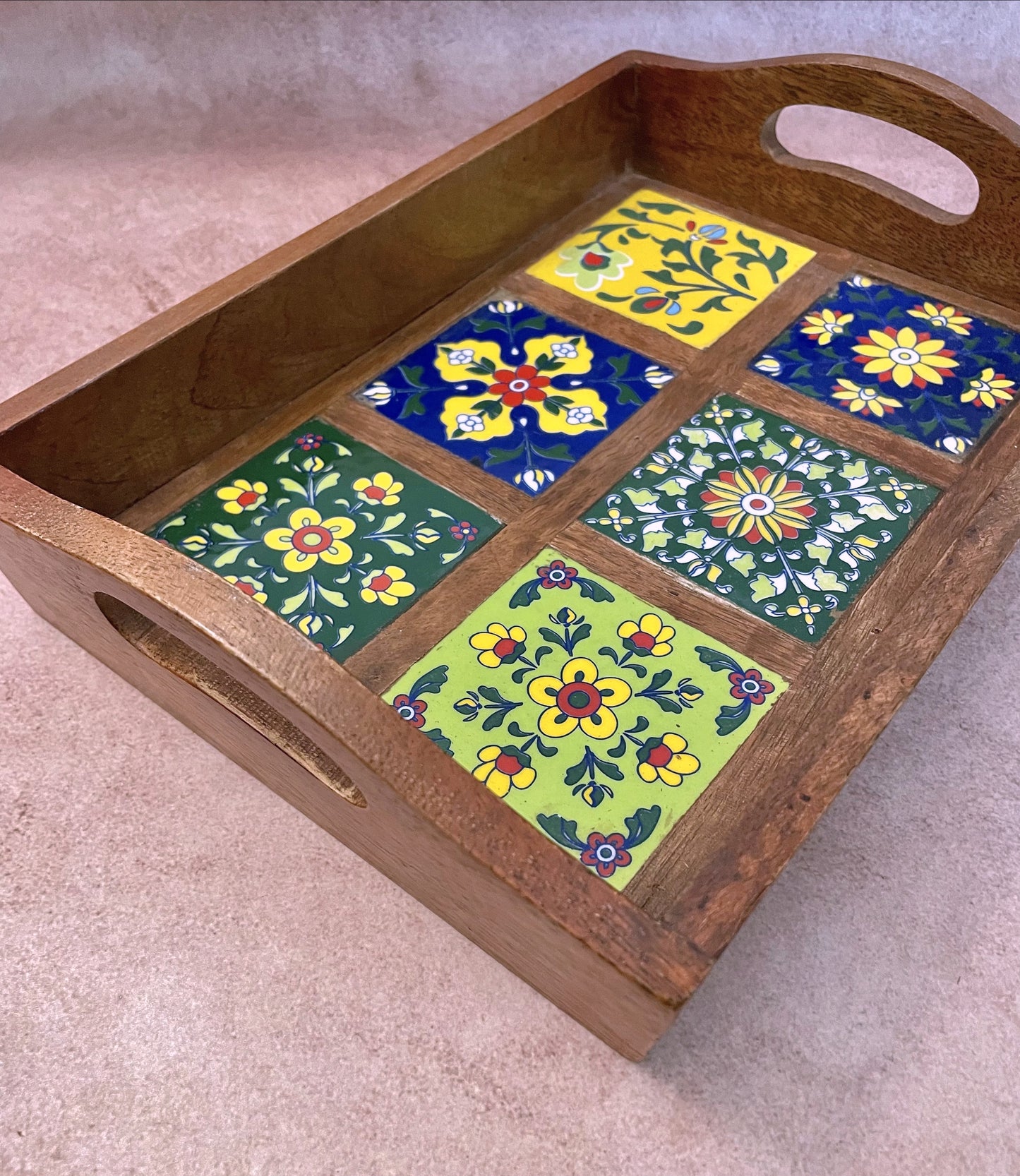 Ethnic Wooden Blue Pottery Tray