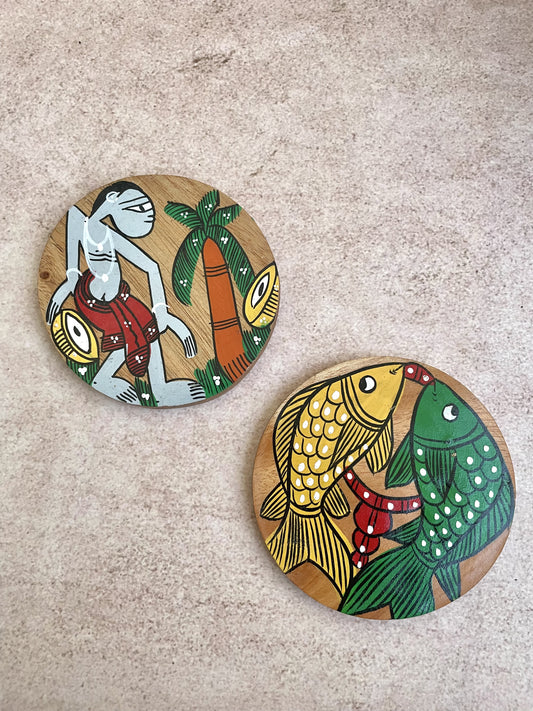Pattachitra Wooden Tribal Man and Fish Dance Coasters ( Set of 2 )