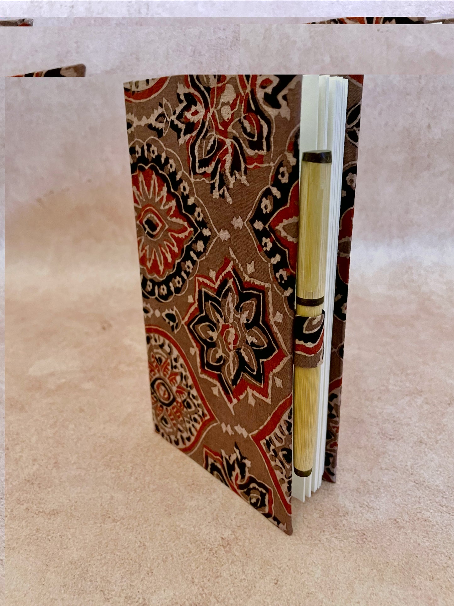 Blockprinted Ajrakh Journal  and Bamboo Pen (Set of 2)