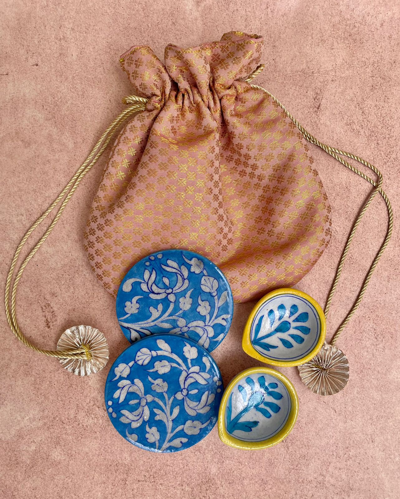 Blue pottery Diyas and Coasters Gift Set