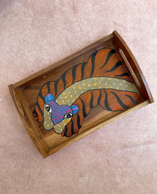 Gond Wooden Tiger Handpainted Tray