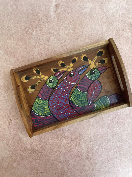 Gond Wooden Handpainted Peacock Tray