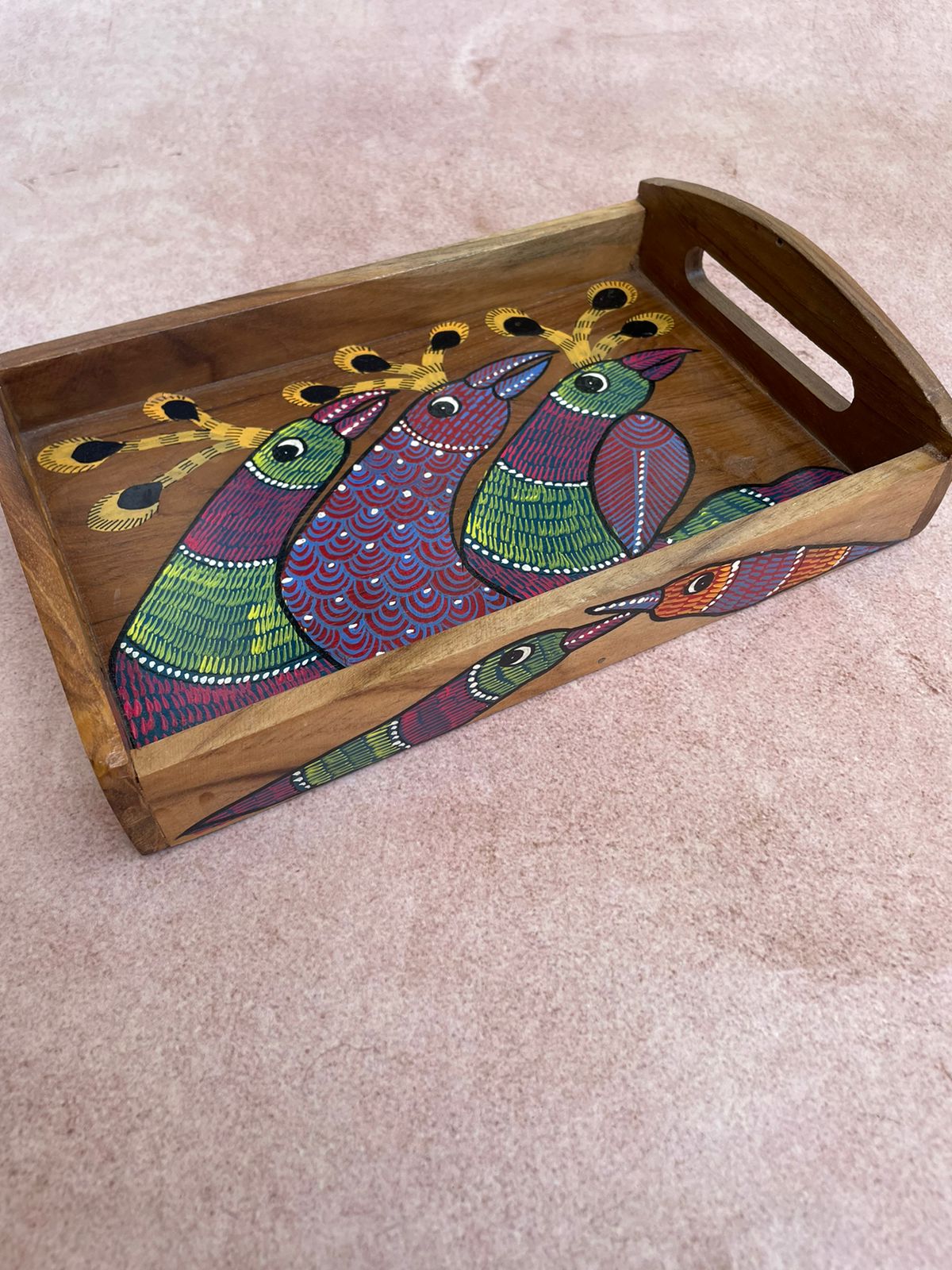 Gond Wooden Handpainted Peacock Tray