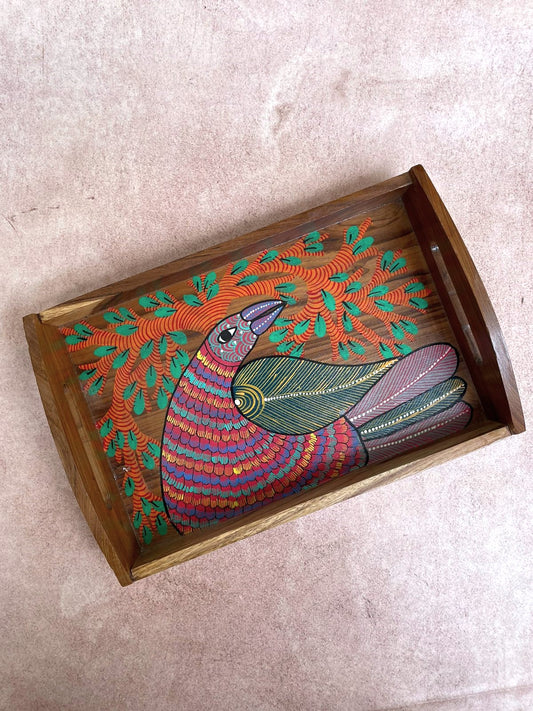 Gond Wooden Peacock Handpainted Tray ( Large )