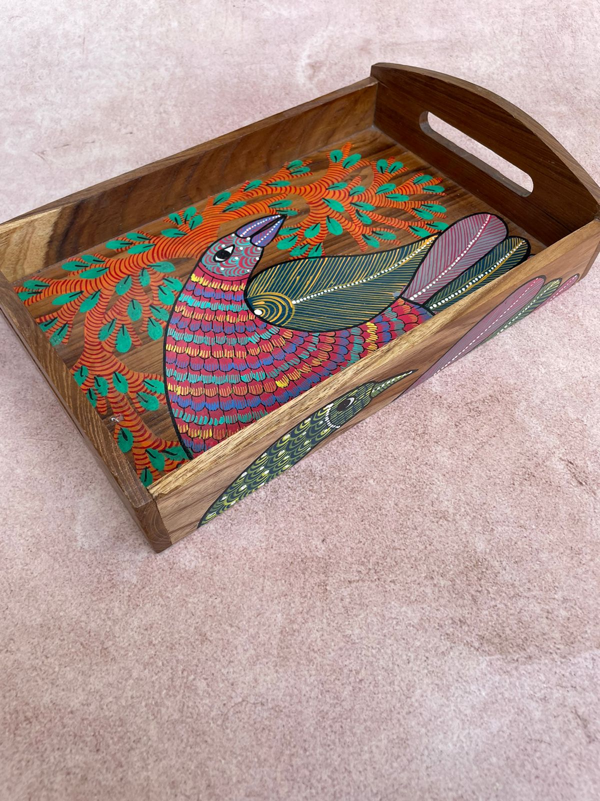 Gond Wooden Peacock Handpainted Tray ( Large )