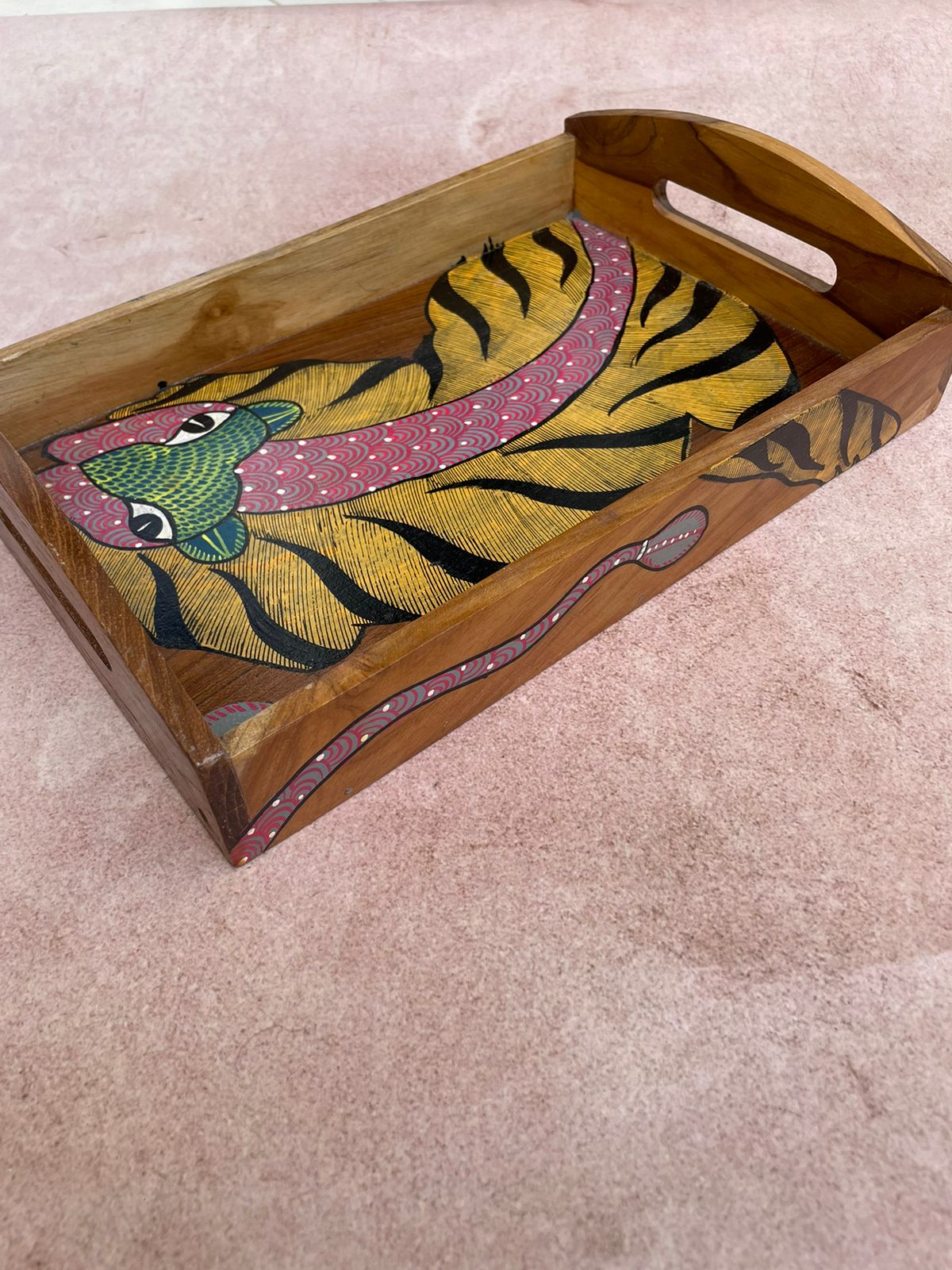 Gond Wooden Handpainted Tiger Tray ( Large )