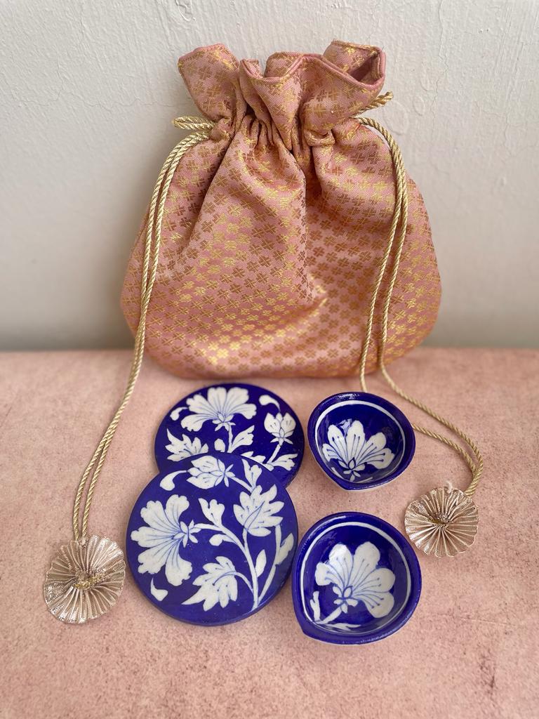 Festive Blue pottery Diyas and Coasters Gift Set