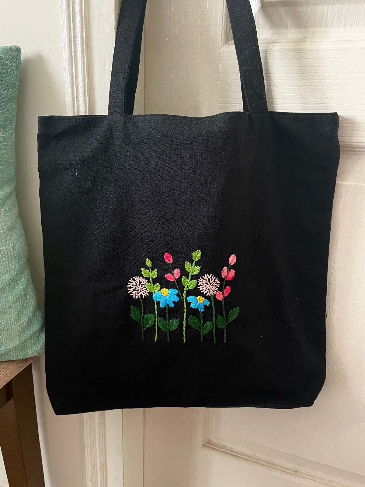 Embroidered Black Floral Tote Bag