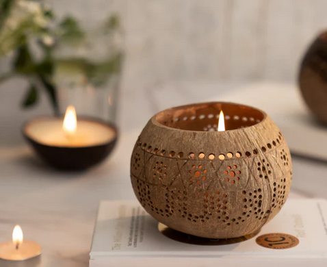 Handcarved Coconut Shell Tea Light Holder